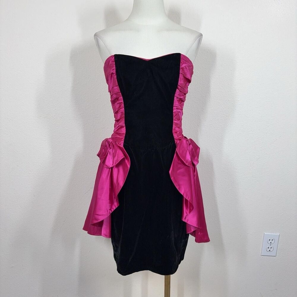 Vintage Gunne Sax Dress Juniors 7 Black Pink Velvet Strapless Mini 80s Party